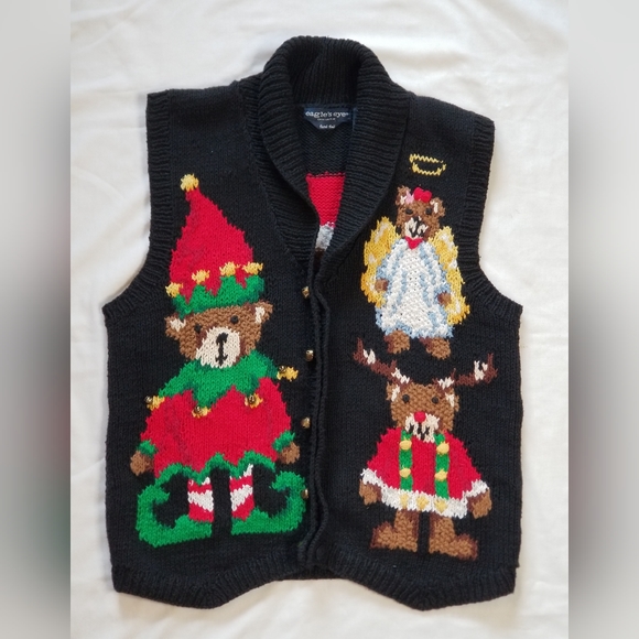 1994 Eagle's Eye Hand Knit Christmas Cardigan Office Sweater XL Teddy Bear Angel - Picture 1 of 13